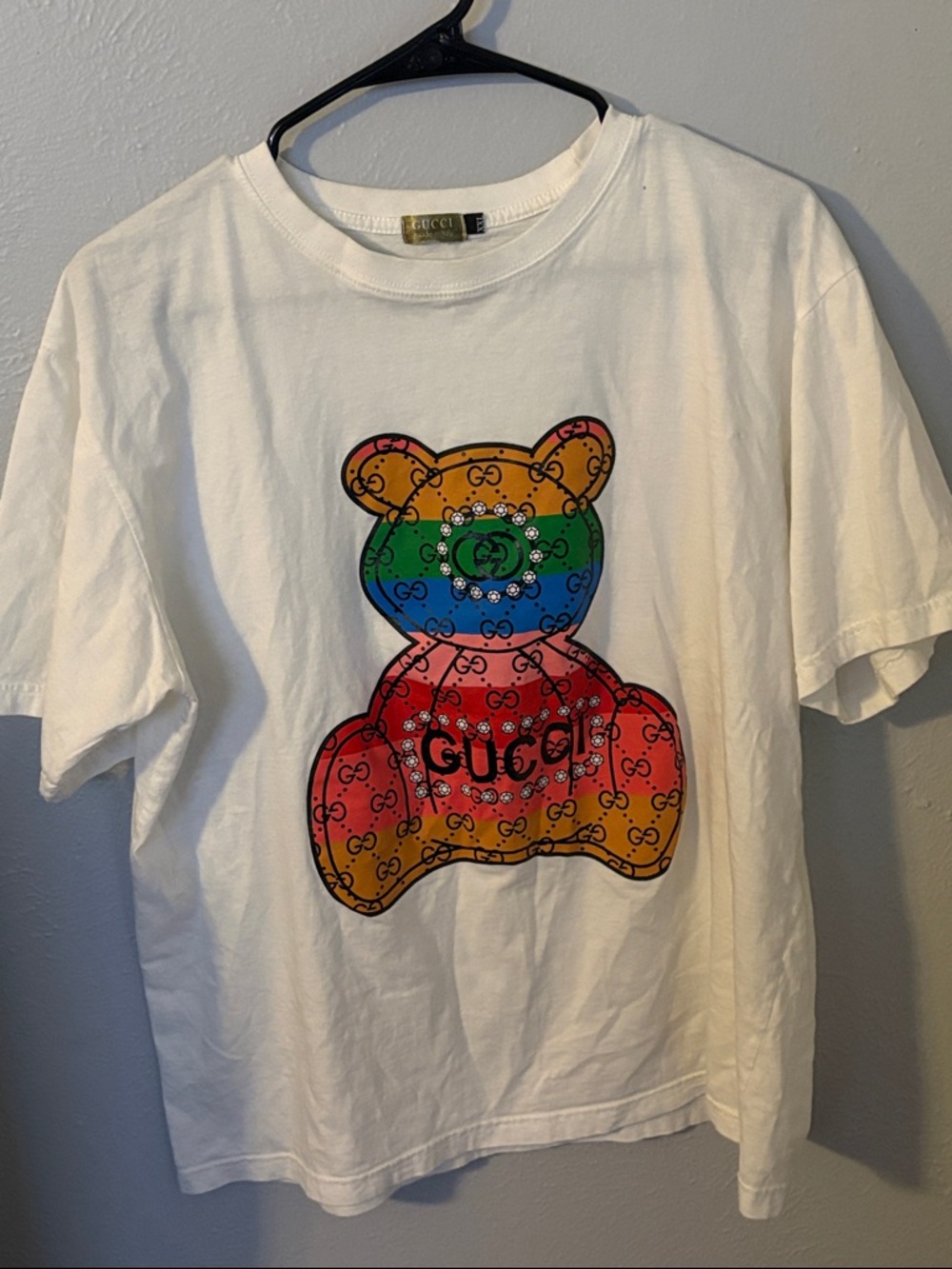 Gucci  White T-Shirt with Rainbow Teddy Graphic